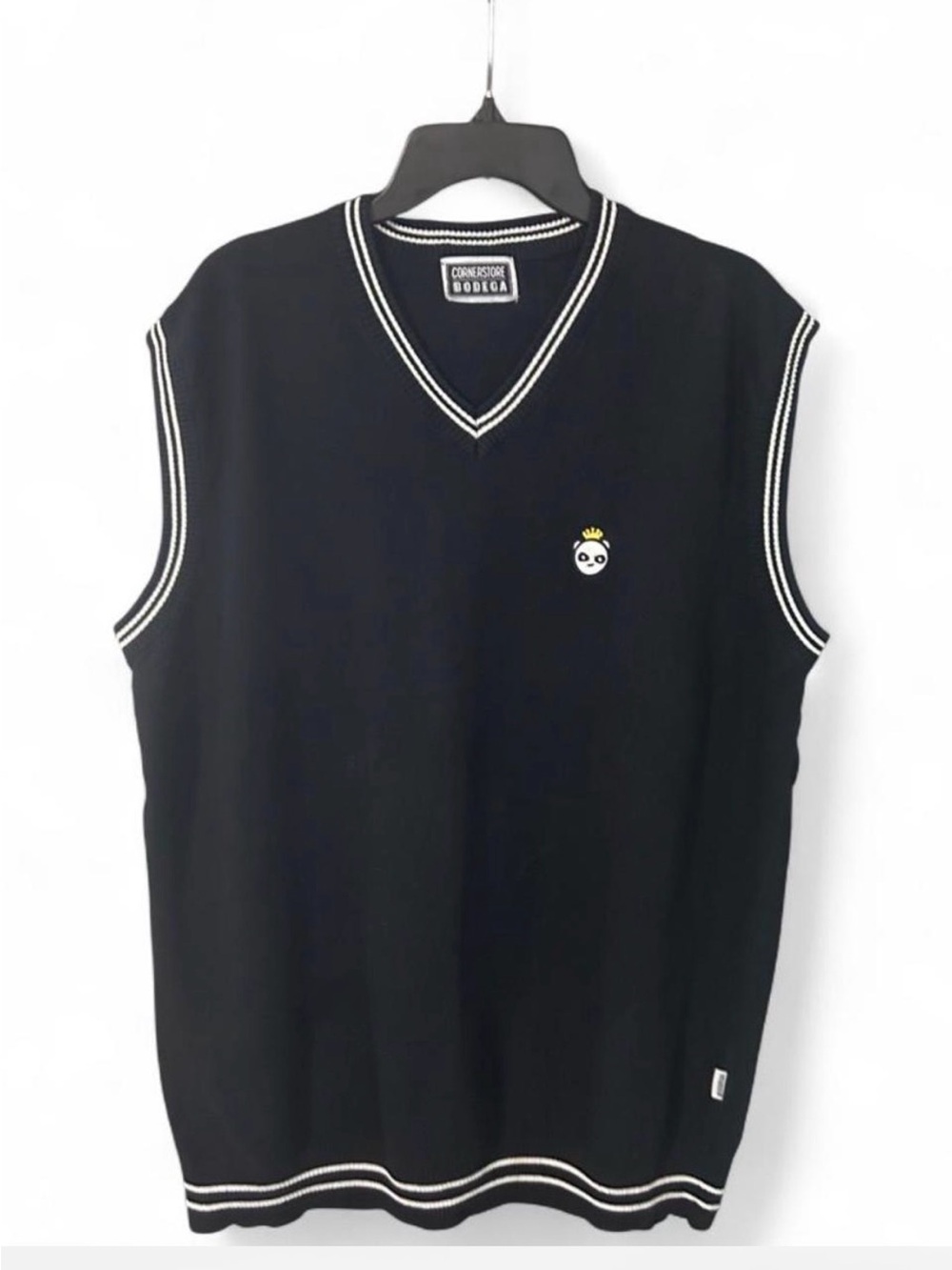 Cornerstore Bodega black sweater vest with white trim